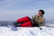 Snow skier over blue sky in mountains Tien Shan