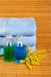 Towels and soap bottles