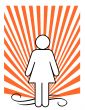 Female figure over sunburst background