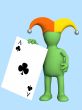 3d joker-puppet, holding in a hand of black ace