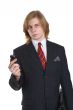 a businessman in a black suit with a telephone
