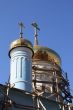 Church turret in scaffolding.