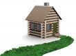 Grassy path to a wooden small house. 3D image.