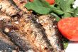 smoking grilled sardines on the plate with tomates and rockets