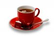 Isolated Full Red Teacup and Saucer with Teabag