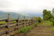 Green pasture and wood fence at mountains