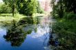 Blue pond with reflection in old park in city