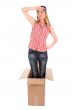 Tired girl standing in a cardboard box