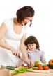 mother and daughter cooking at the kitchen