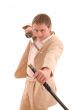 Businessman with katana protect himself