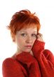 sad red haired woman isolated on white background