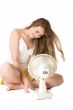 blonde girl with fan