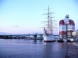 sail ship in the harbour in beautiful sunset