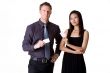 businessman and woman showing blank  bussiness card