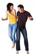 causasian guy and asian woman jumping excitedly