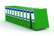 Row of green folders with documents on a white background