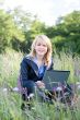 Businesswoman sitting on grass with laptop