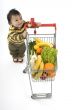 Baby pushes a shopping cart