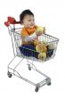 Baby pushes a shopping cart