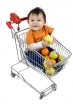 Baby pushes a shopping cart