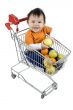 Baby pushes a shopping cart