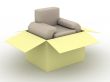 leather armchair in a packing box. 3D image.