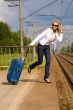 lady is getting a move on the train