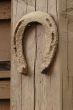  	Vintage horseshoe nailed at old wooden wall