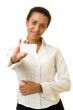 woman holds an empty business card