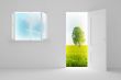 Landscape behind the open door and window. 3D image