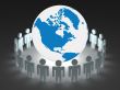 Group of people standing round globe. 3D image.