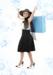 blond in retro hat with blue shopping bag