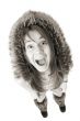 very surprised woman in fur hat