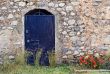 Blue metallic door on stone building