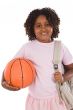 African girl student with basketball and backpack