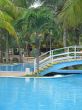 blue pool with bridge in a tropical setting