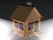 Light from windows of a wooden small house. 3D image.