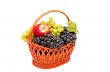 Bunches of grapes and apples in basket.