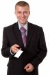businessman holding a blank business card