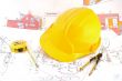 Building plan with safety helmet, pair of compasses and rolling