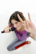 female with karaoke showing hand gesture