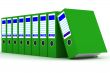 Row of green folders with documents on a white background