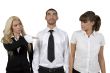 man looking upwards and woman pointing