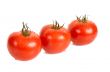 Three tomatos are in dew.
