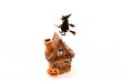 Witch,flying on broom on house,on white background