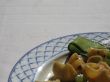 pasta dish on a blue and white plate