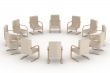 Twelve armchairs standing around. 3D image