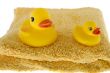 rubber duck sits on towel