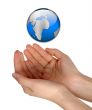 Woman hands holding blue Earth isolated over white background