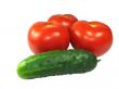 Three tomatoes with a cucumber